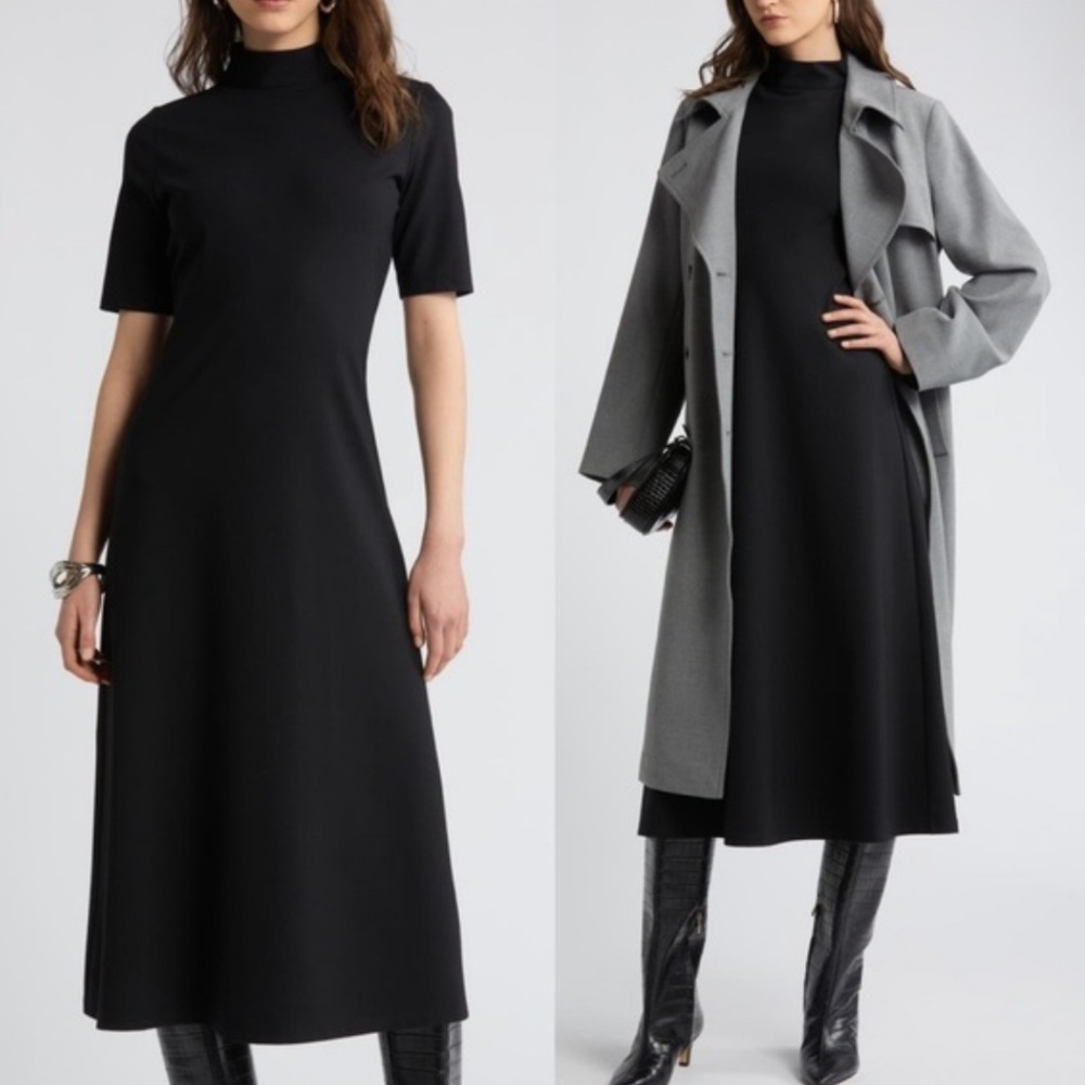 Nordstrom Black Mock Neck Ponte Knit Fit & Flare Dress Midi Length XS $119